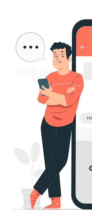 Imagem vetorial de um homem de pé conversando no celular e encostado em um celular gigante